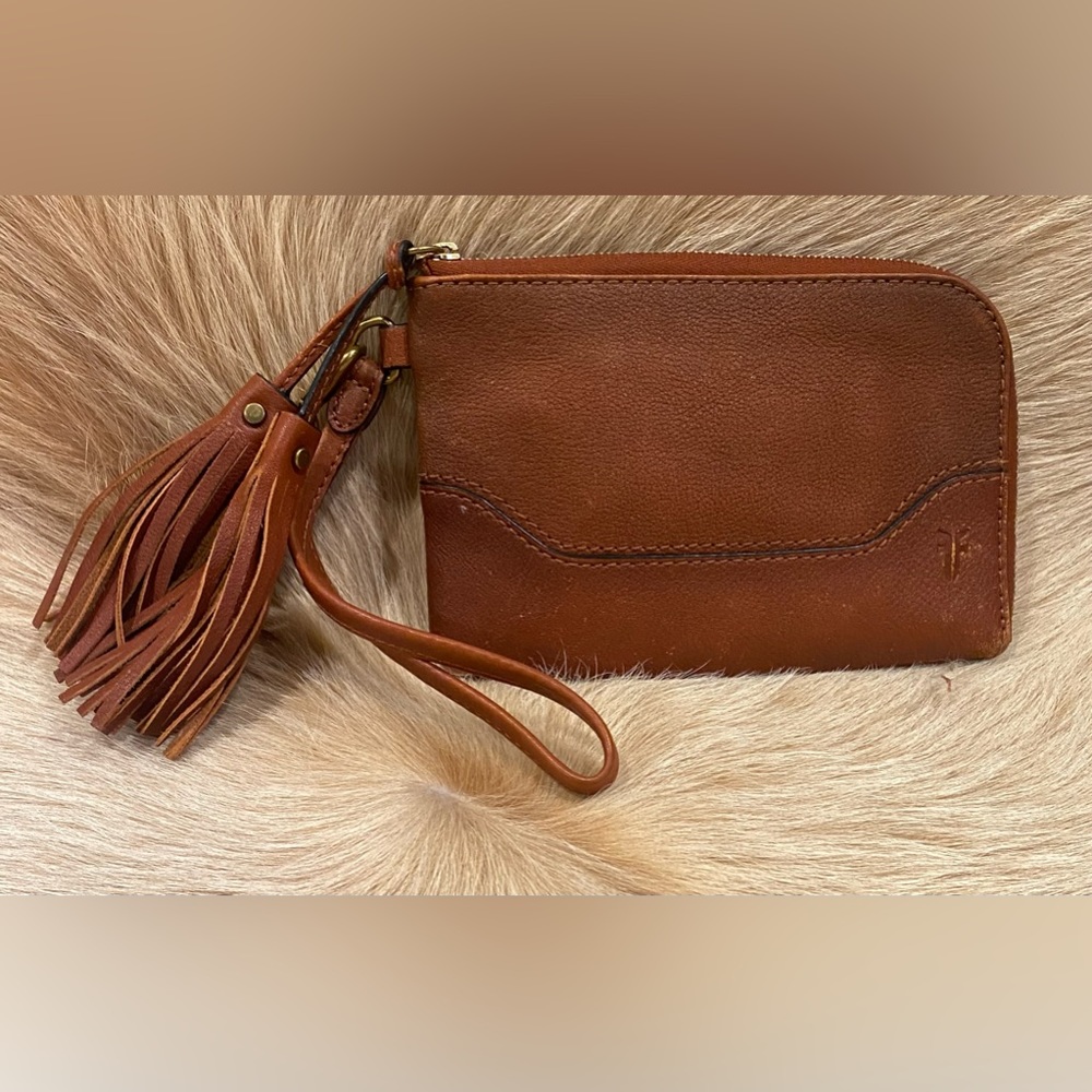 Frye Leather Tassel Wristlet Caramel Brown Wallet